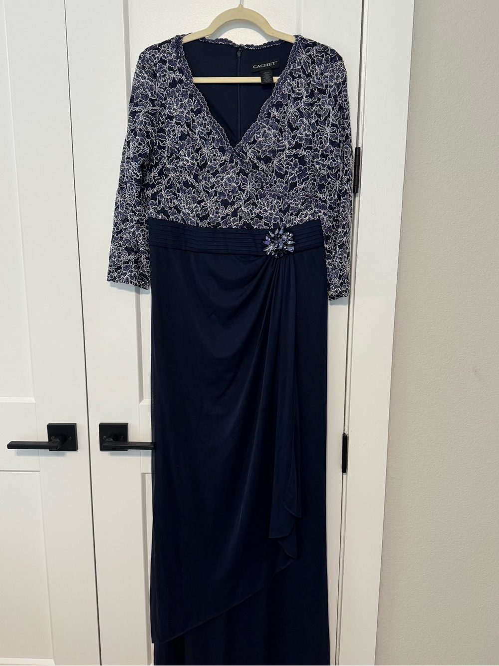 Cachet Navy Lace Bodice Gown with Embellished Waist